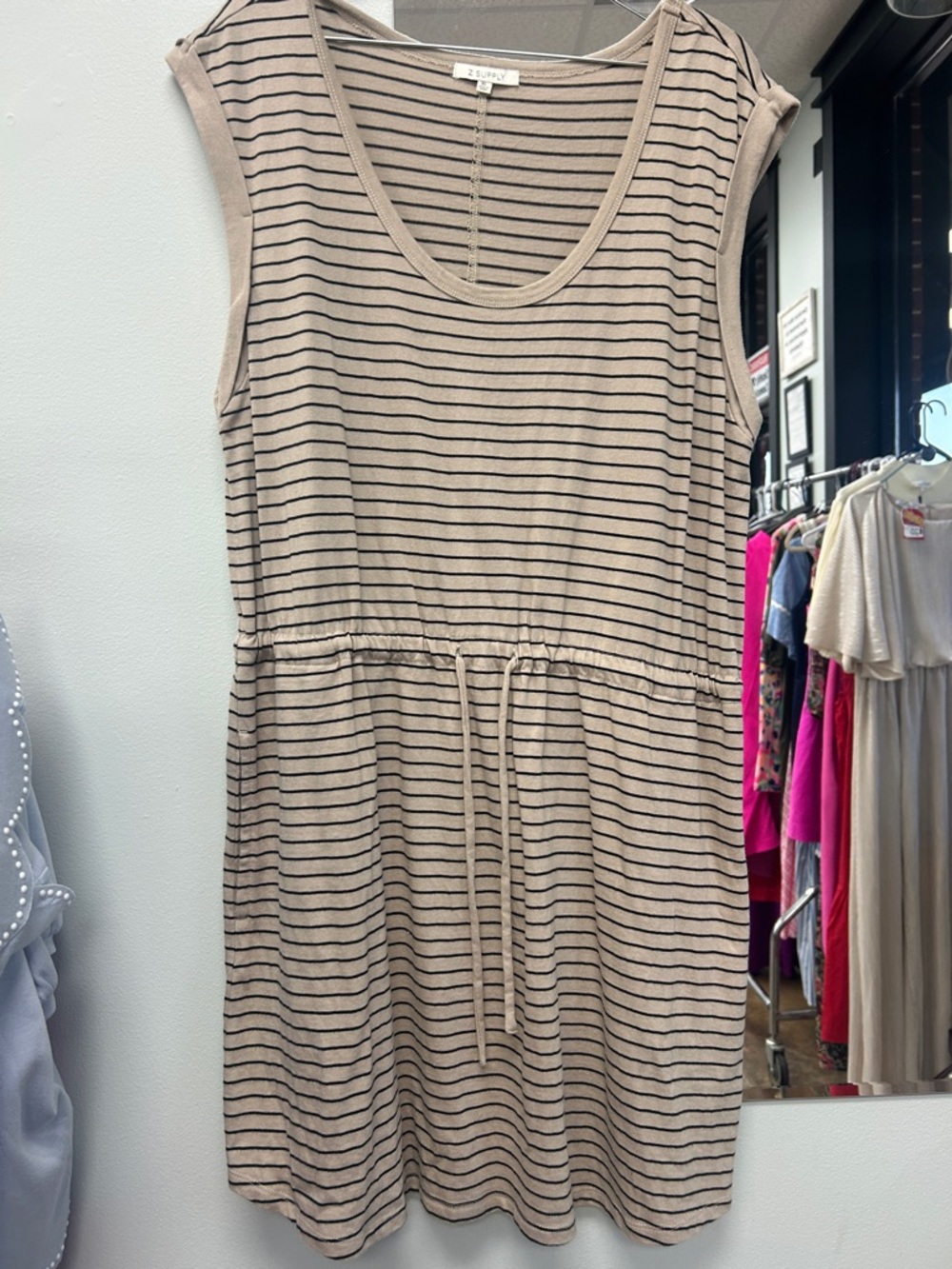 Beige Striped Drawstring Sleeveless Dress